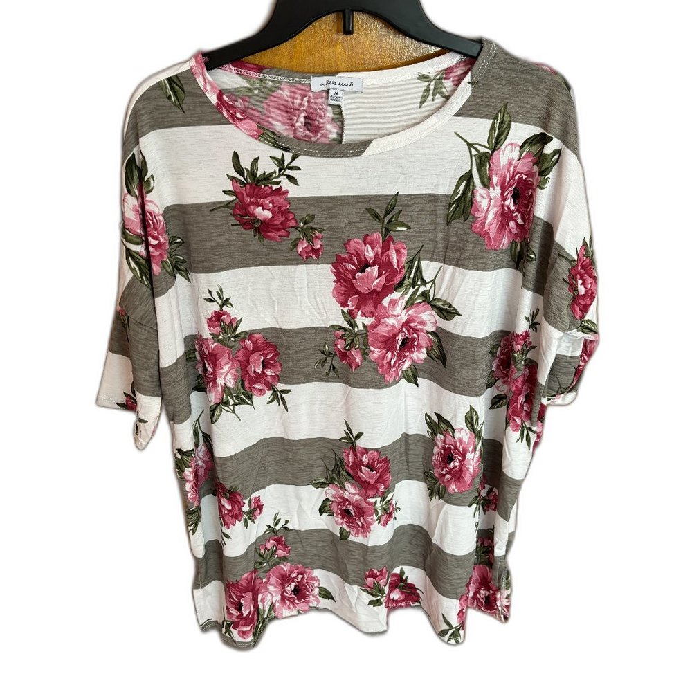 white birch Gray and White Striped Floral Tee with Pink Roses
